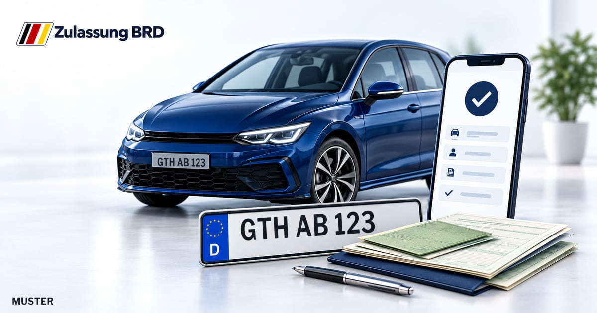 Online Fahrzeugzulassung in Waltershausen: Musterkennzeichen GTH AB 123, Auto und Fahrzeugpapiere und Smartphone. Illustration mit Logo von Zulassung BRD.